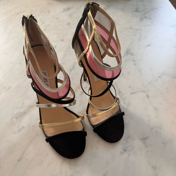 Jimmy Choo 38 MAI TAI in Black Suede Leather Strappy PVC Gold Silver Heels - Picture 4 of 7